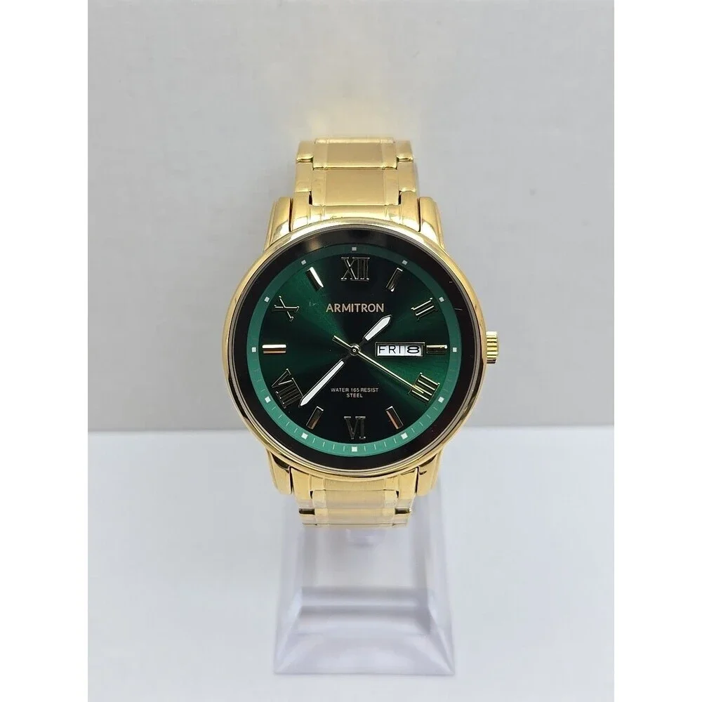 Armitron Mens Gold Tone Green Dial Day Date Quartz Watch 20/4935GP New Battery